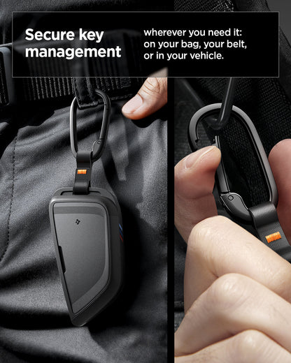 ACS10425 - BMW Key Fob Cover | BK100 in Matte Black showing the secure key management. Attached it to your bag, your belt, or in your vehicle