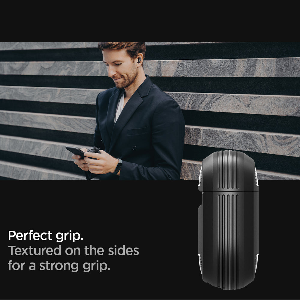 ACS05591 - Bose Earbuds Quiet Comfort 2 Case Rugged Armor in black showing perfect grip. textured on the sides for a strong grip.