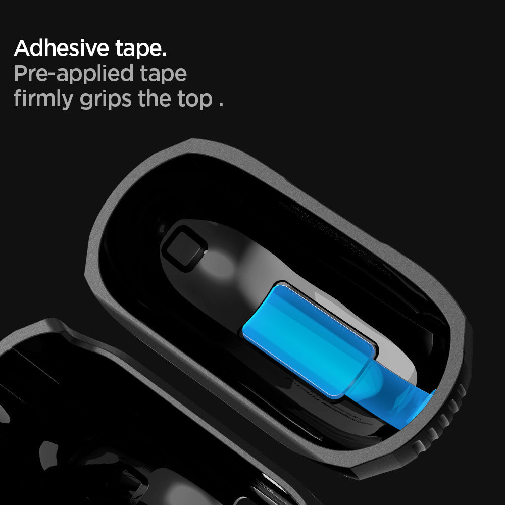 ACS05591 - Bose Earbuds Quiet Comfort 2 Case Rugged Armor in black showing adhesive tape. pre applied tape firmly grip the top.