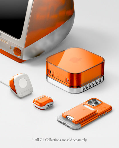 AMP09342 - Apple Watch Classic C1 Charger Stand in tangerine showing C1 cases apple watch charging stand, air pods, mac mini, phone case, card holder.
