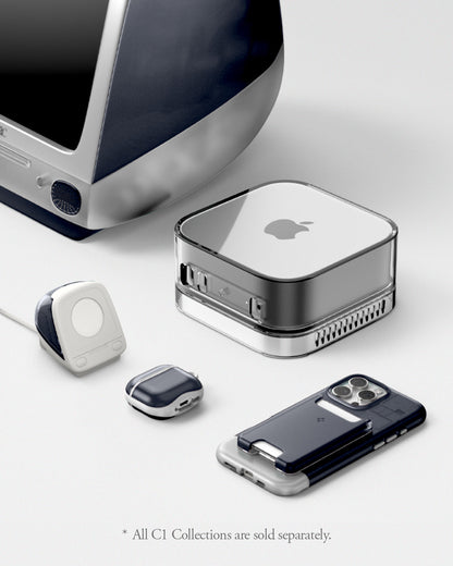 AMP09340 - Apple Watch Classic C1 Charger Stand in graphite showing C1 cases apple watch charging stand, air pods, mac mini, phone case, card holder.
