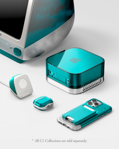 AMP09339 - Apple Watch Classic C1 Charger Stand in bondi blue showing C1 cases apple watch charging stand, air pods, mac mini, phone case, card holder.