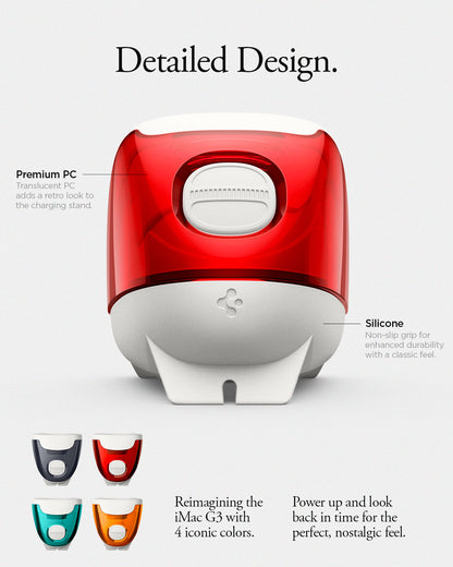 AMP09341 - Apple Watch Classic C1 Charger Stand in ruby detailed design. premium pc. translucent pc adds a retro look to the charging stand. Silicone. Non slip grip for enhanced durability with a classic feel. Reimagining the iMac G3 with 4 iconic colors. Power up and look back in time for the perfect, nostalgic feel.