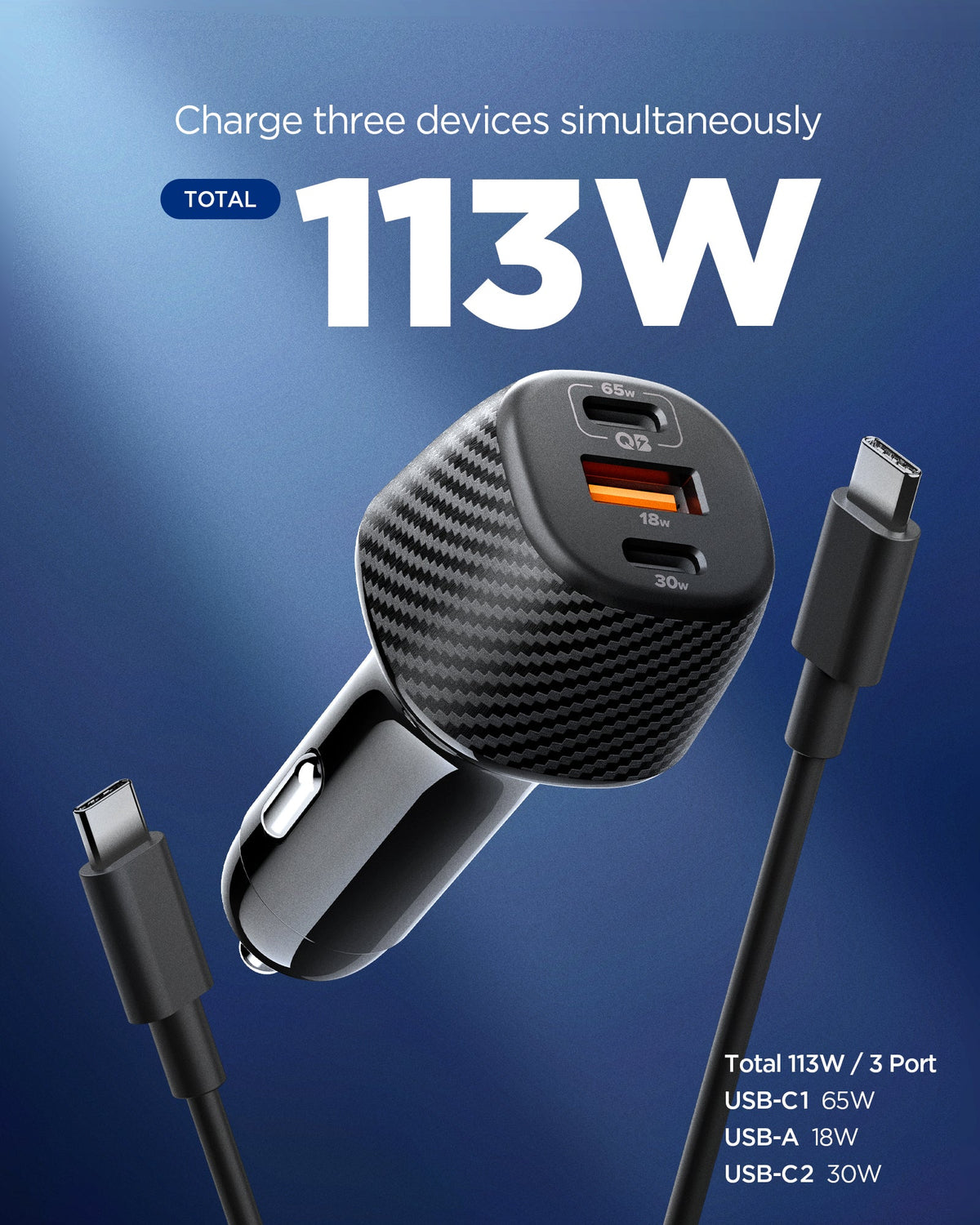ACP09543 - ArcStation™ Essential 113W USB C Fast Car Charger | EV1133 showing a black carbon-fiber-textured car charger with three ports (65W USB-C, 18W USB-A, 30W USB-C) and two USB-C cables, labeled "Total 113W" for charging three devices simultaneousl