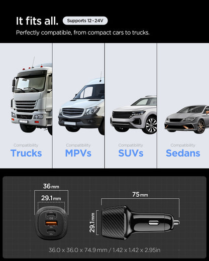ACP09543 - ArcStation™ Essential 113W USB C Fast Car Charger | EV1133 showing the car charger's compatibility across a truck, MPV, SUV, and sedan, plus its dimensions (36.0 x 36.0 x 74.9mm) supporting 12-24V.