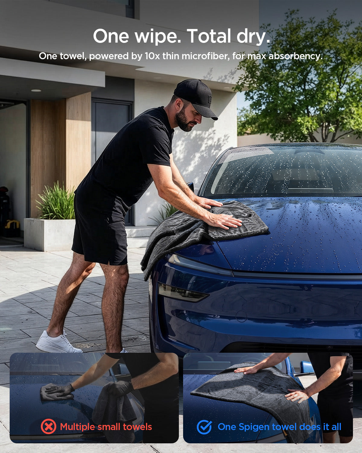 ACP11389 - Man drying a car hood with one Spigen towel, with insets comparing it to needing multiple small towels with other brands