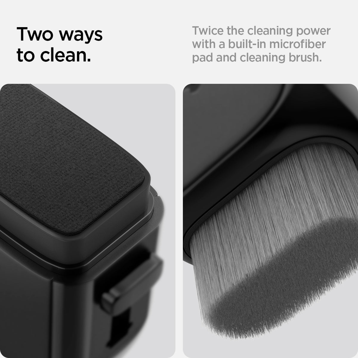 ACP05755 - CC90 Car Screen Cleaner in black showing two ways to clean. twice the cleaning power with a built in micro fiber pad and cleaning brush.