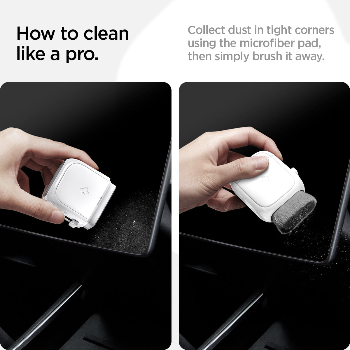 ACP10510 - CC90 Car Screen Cleaner in white showing how to clean like a pro. collect dust in tight corners using the microfiber pad, then simply brush it away