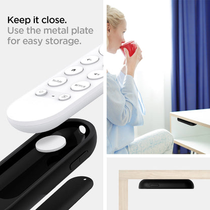 AMP02714 - Chromecast with Google TV Silicone Fit Voice Remote in black showing the use of metal plate for easy storage