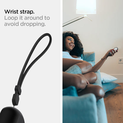AMP02714 - Chromecast with Google TV Silicone Fit Voice Remote in black showing the wrist strap. Loop it around to avoid dropping