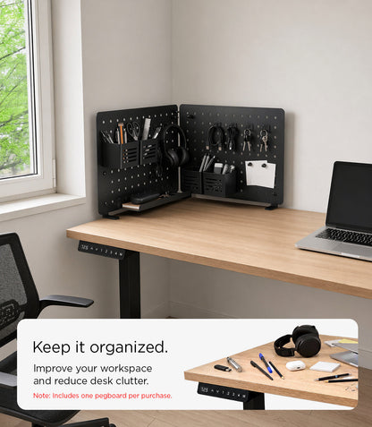 AHP11400 - Clamp Pegboard | LD405 showing two pegboards joined at a corner desk holding pens, scissors, headphones, cables, keys, and a notepad