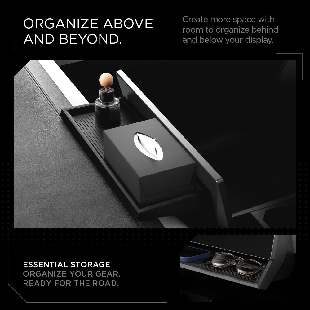 ACP08261 - Tesla Cybertruck Under Screen Organizer CO227 in Black showing the organize above and beyond, create more space with room to organize behind and below your display, essential storage, organize your gear ready for the road