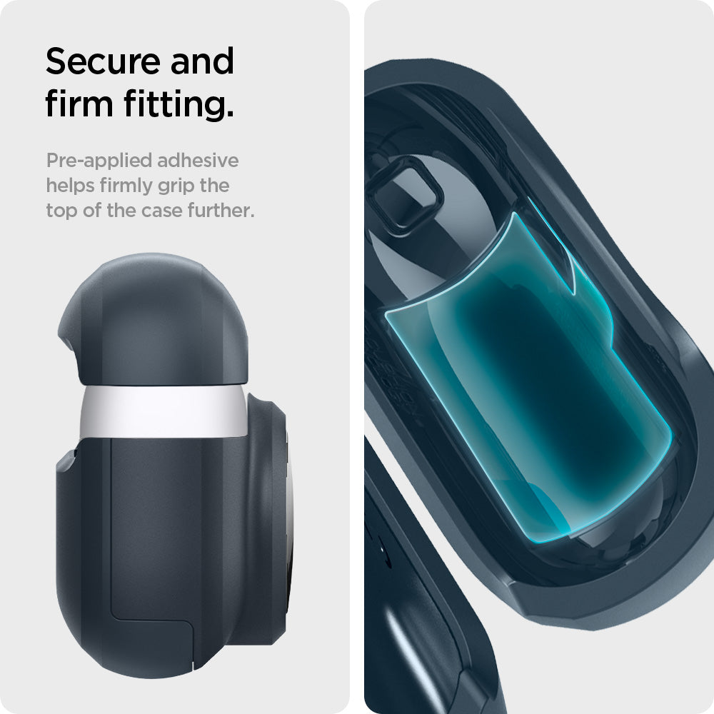 ACS04392 - Apple AirPods 3 Case Tag Armor Duo in metal slate showing the secure and firm fitting. Pre-applied adhesive helps firmly grip the top of the case further
