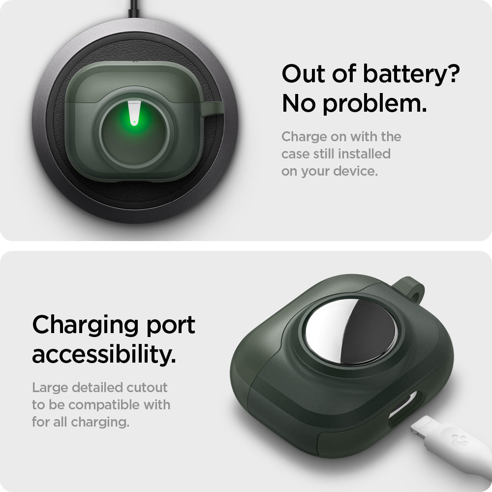 ACS04393 - Apple AirPods 3 Case Tag Armor Duo in military green showing how it charges on with the case still installed on your device. Charging port accessibility. Large detail cutout to be compatible for all charging