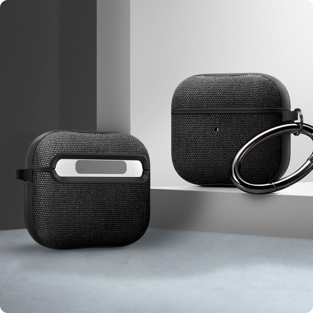 ASD02111 - Apple AirPods 3 Case Urban Fit in black showing the front and back with carabiner attached