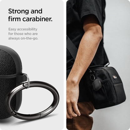 ASD02111 - Apple AirPods 3 Case Urban Fit in black showing the strong and firm carabiner. Easy accessibility for those who are always on-the-go