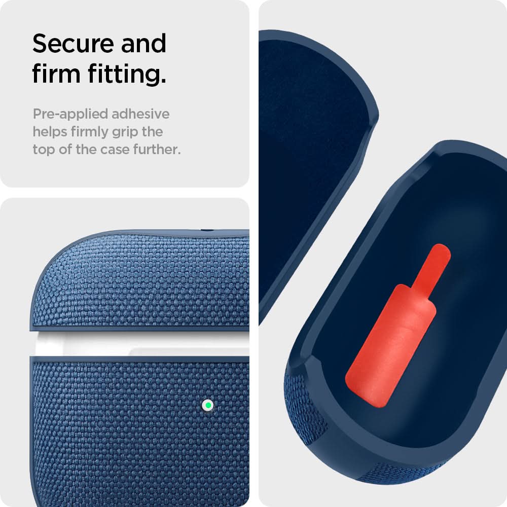 ASD02128 - Apple AirPods 3 Case Urban Fit in navy blue showing the secure and firm fitting. Pre-applied adhesive helps firmly grip the top of the case further