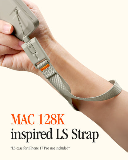 AFA10617 - DA30S LS lanyard strap worn on wrist attached to phone showing quick-release connector, woven fabric strap, and MAC 128K inspired LS Strap branding text