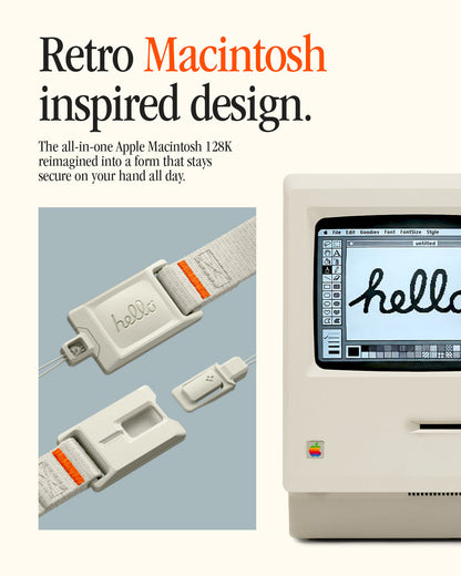 AFA10617 - DA30S LS lanyard strap showcasing retro Macintosh inspired design with quick-release buckle, hello embossed connector, woven strap with orange accent, and classic Apple Macintosh 128K visual reference