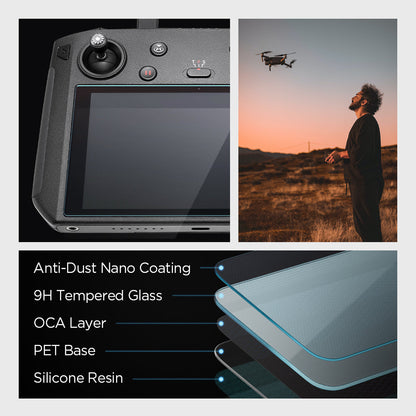 AGL05590 - DJI RC Pro Series Screen Protector EZ FIT GLAS.tR showing the anti-dust nano coating, 9H tempered glass, OCA layer, PET base and silicone resin