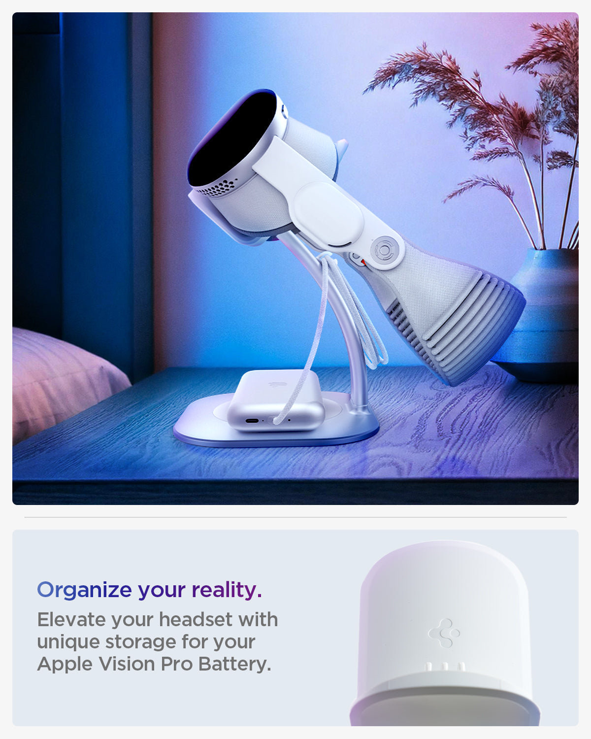 AGP08664 - Apple Vision Pro Stand DR110 in White showing that you could elevate your headset with unique storage for your Apple Vision Pro Battery