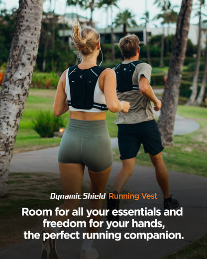 AMP07603 - Dynamic Shield™ Running Vest | A720 M-L in Black showing the room for all your essentials and freedom for your hands, the perfect running companion