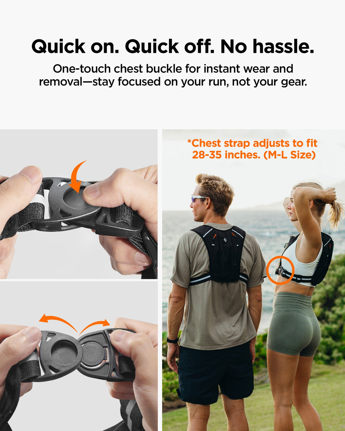 AMP07603 - Dynamic Shield™ Running Vest | A720 M-L in Black showing the quick on, quick off, no hassle. One-touch chest buckle for instant wear and removal-stay focused on your run, not your gear