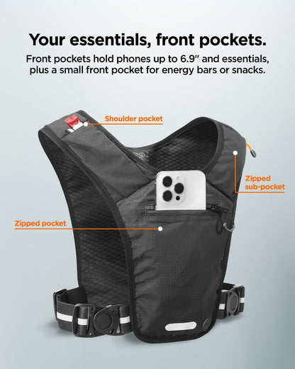 AMP07603 - Dynamic Shield™ Running Vest | A720 M-L in Black showing the front pockets hold phones up to 6.9" and essentials, plus a small front pocket for energy bars or snack. Shoulder pocket, zipped sub-pocket and zipped pocket