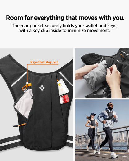 AMP11390 - Dynamic Shield™ Running Vest | A720 L-XL in Black showing the room for everything that moves with you. The rear pocket securely holds your wallet and keys, with a key clip inside to minimize movement