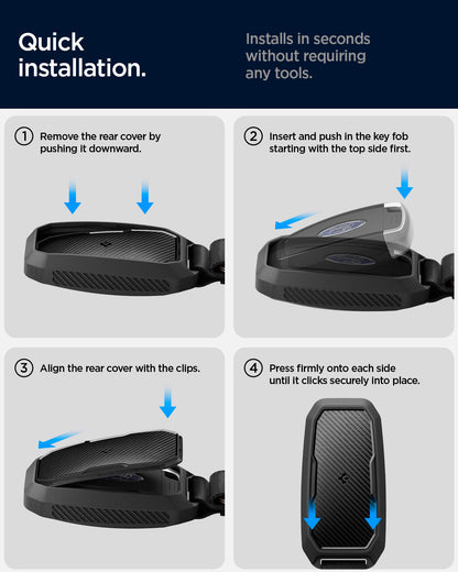 ACS09430 - Ford Key Fob Cover | FK100 in Matte Black showing the quick installation. Install in seconds without requiring any tools. 1. Remove the rear cover by pushing it downward 2. Insert and push in the key fob starting with top side first 3. Align the rear cover with the clips and 4. Press firmly onto each side until it clicks securely into place.