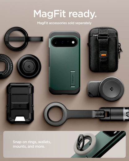 ACS11854 - Pixel 11 Tough Armor (Mag Fit) Abyss Green case shown with compatible magnetic accessories including a ring grip, wallet, charger, and car mount.