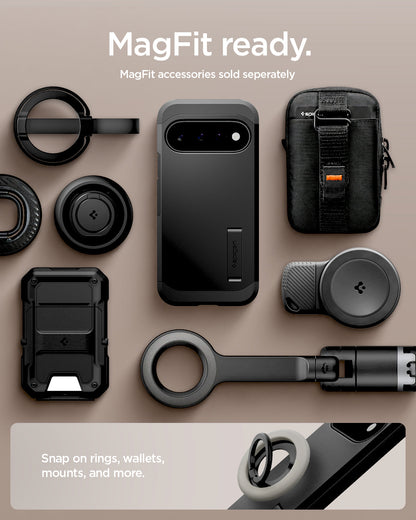 ACS11443 - Pixel 11 Tough Armor (Mag Fit) Black case shown with compatible magnetic accessories including a ring grip, wallet, charger, and car mount.