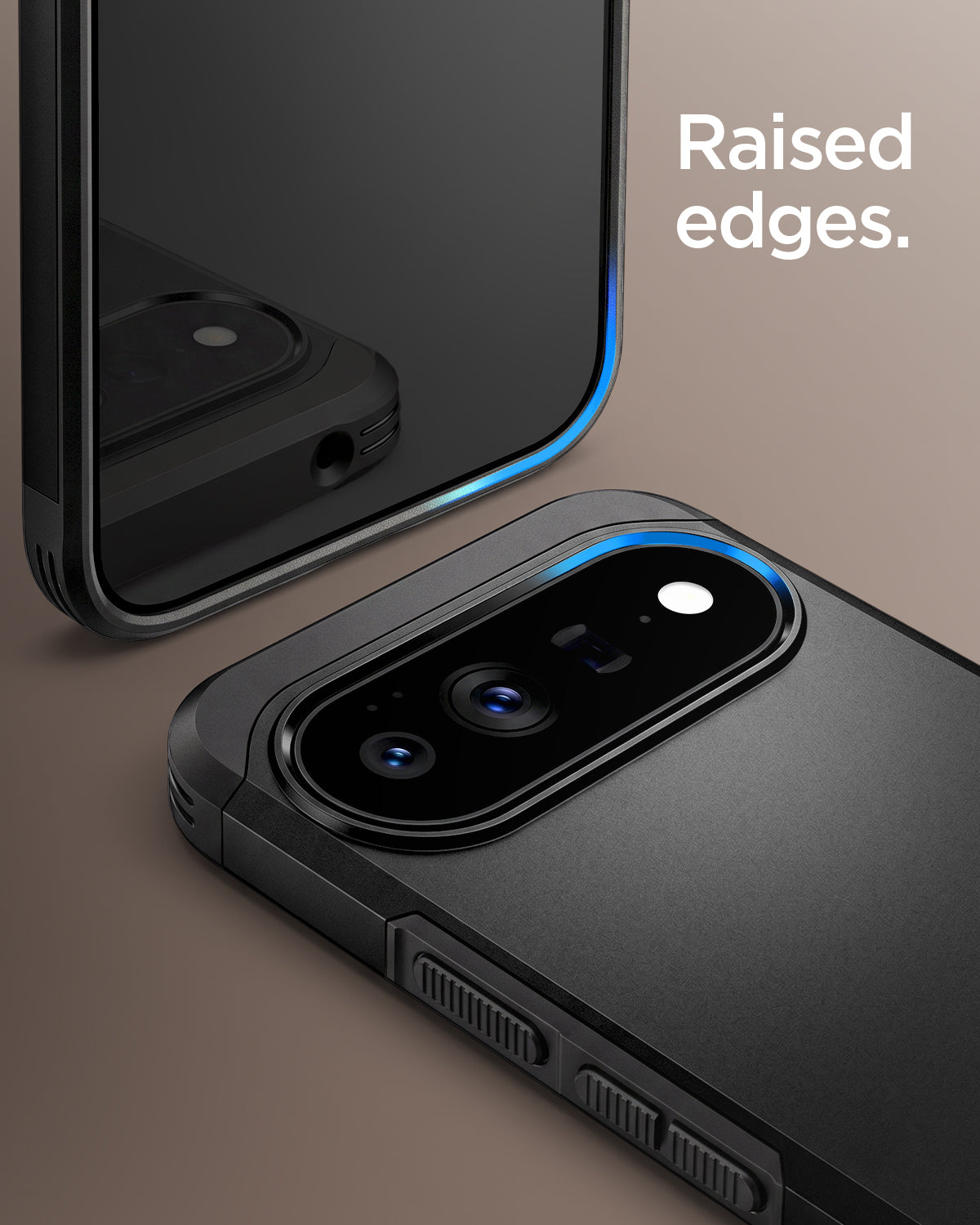 ACS11433 - Pixel 11 Pro Tough Armor (Mag Fit) Black close up highlighting the raised edges around the display and camera.