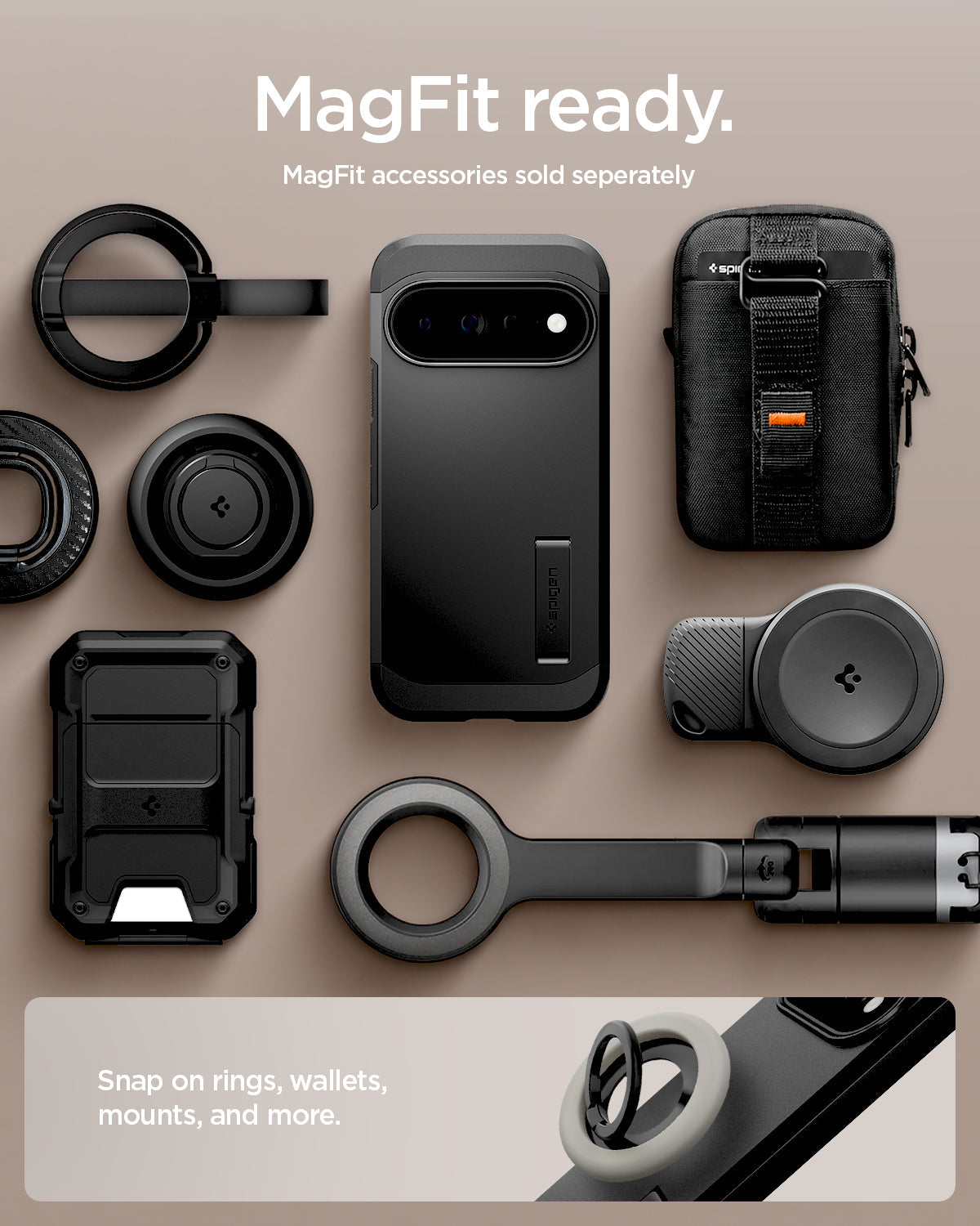 ACS11433 - Pixel 11 Pro Tough Armor (Mag Fit) Black case shown with compatible magnetic accessories including a ring grip, wallet, charger, and car mount.