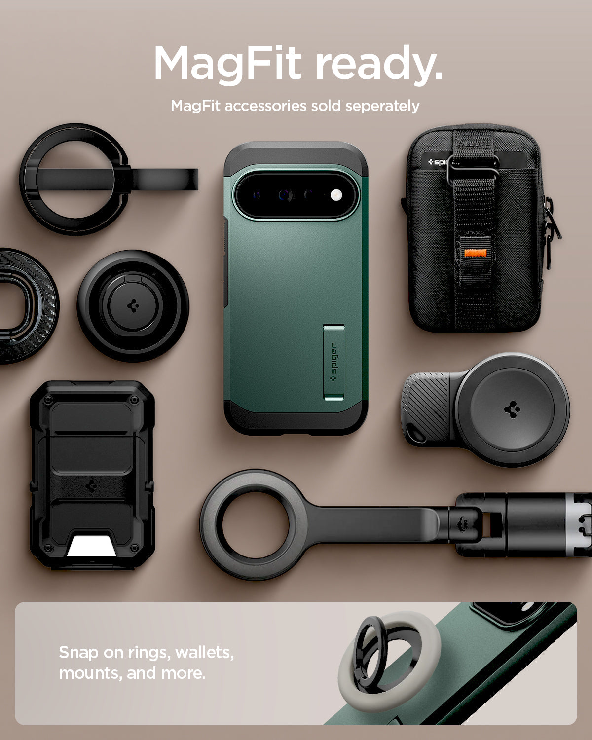 ACS11864 - Pixel 11 Pro XL Tough Armor (Mag Fit) Abyss Green case shown with compatible magnetic accessories including a ring grip, wallet, charger, and car mount.