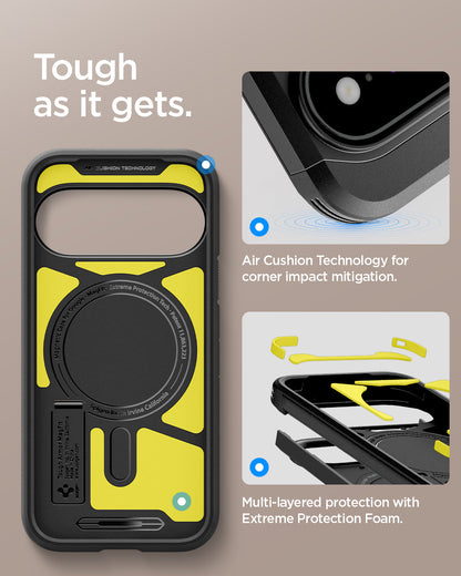 ACS11453 - Pixel 11 Pro XL Tough Armor (Mag Fit) Black interior view highlighting Air Cushion Technology, Extreme Protection Foam, and the built in magnetic ring.
