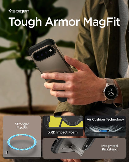 ACS11865 - Pixel 11 Pro XL Tough Armor (Mag Fit) Gunmetal person holding the Tough Armor MagFit case featuring a built in kickstand, Air Cushion Technology, and the built in magnetic ring.