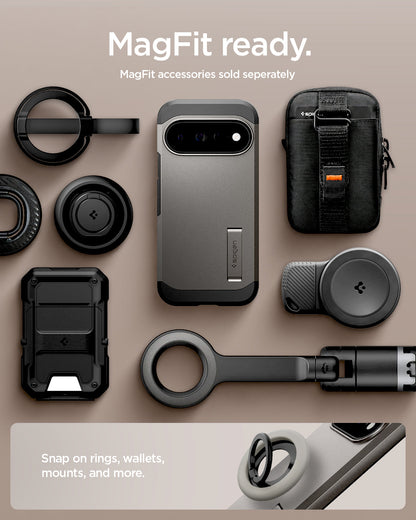 ACS11865 - Pixel 11 Pro XL Tough Armor (Mag Fit) Gunmetal case shown with compatible magnetic accessories including a ring grip, wallet, charger, and car mount.