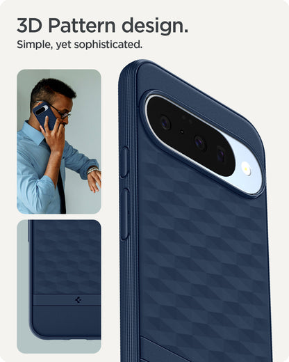 ACS09710 - Pixel 10 Pixel 10 Pro in midnight blue showing the 3d pattern design. Simple, yet sophisticated.
