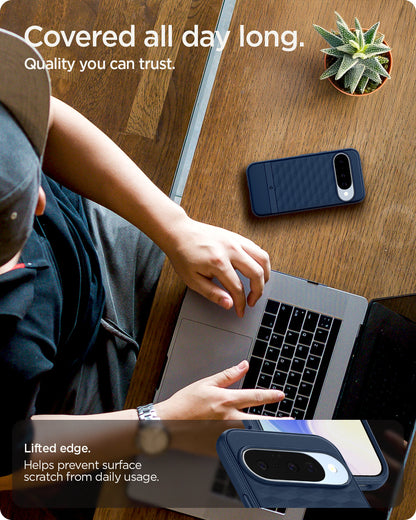 ACS09710 - Pixel 10 Pixel 10 Pro in midnight blue showing the lifted edge. Helps prevent surface scratch from daily usage. Covered all day long. Quality you can trust.