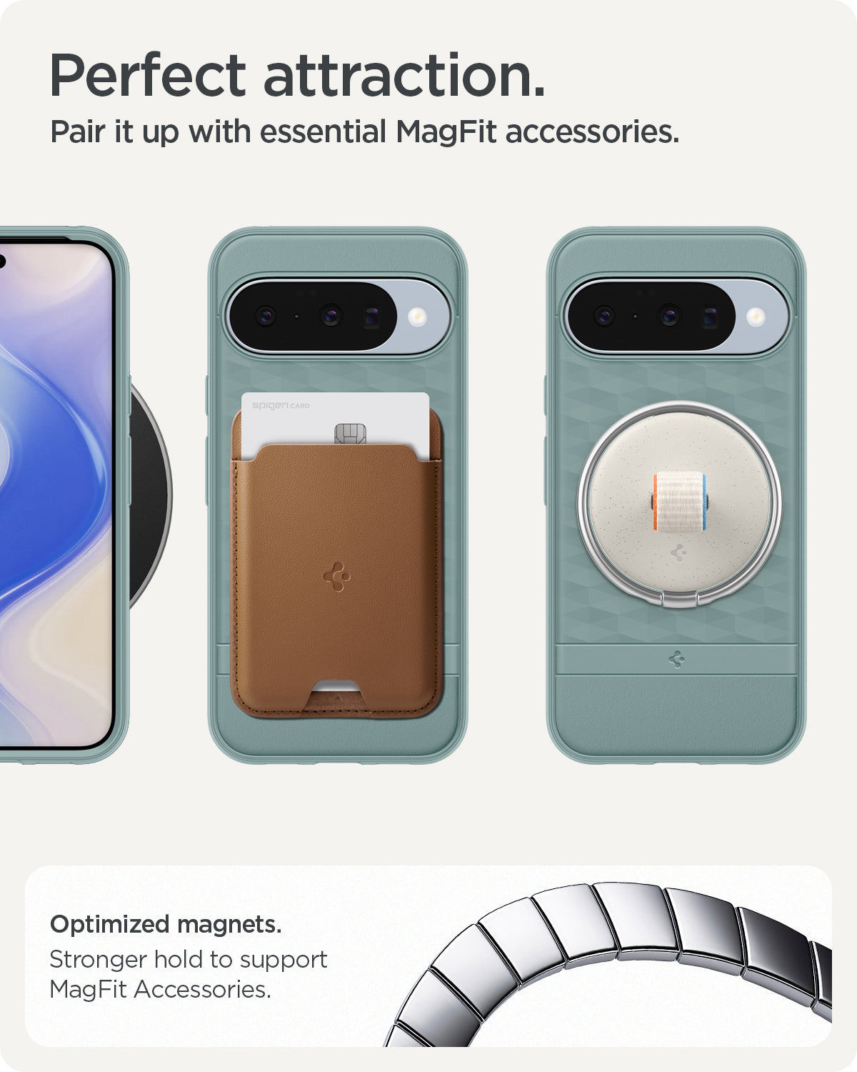 ACS09709 - Pixel 10 Pixel 10 Pro in sage green showing the perfect attraction. Pair it up with essential MagFit accessories. Optimized magnets. Stronger hold to support MagFit accessories.