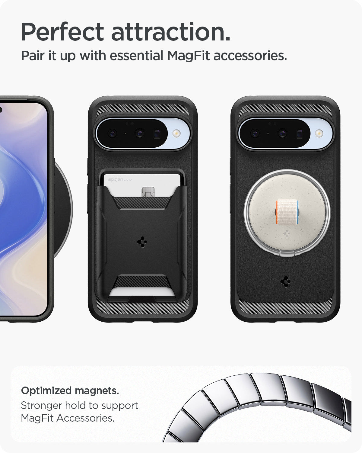 ACS09698 - Pixel 10 / Pixel 10 Pro Case Rugged Armor (MagFit) in black showing the perfect attraction. Pair it up with essential MagFit accessories. Optimized magnets. Stronger hold to support MagFit accessories.
