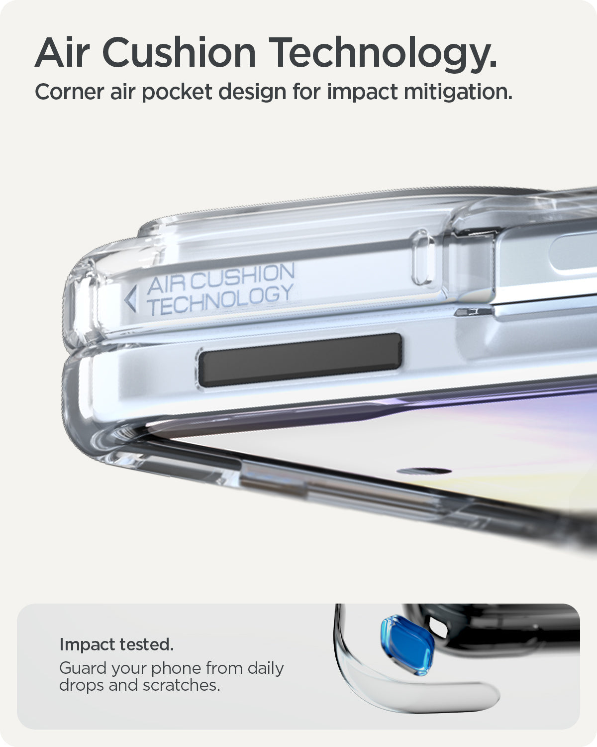 ACS09742 - Pixel 10 Pro Fold Case Ultra Hybrid Metal Ring (MagFit) in crystal clear showing the Air Cushion Technology. Corner air pocket design for impact mitigation. Impact tested. Guard your phone from daily drops and scratches.