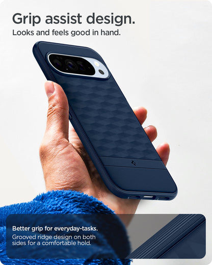 ACS09733 - Pixel 10 Pro XL Case Parallax (MagFit) in midnight blue showing the grip assist design. Looks and feels good in hand. Better grip for everyday-tasks. Grooved ridge design on both sides for a comfortable hold