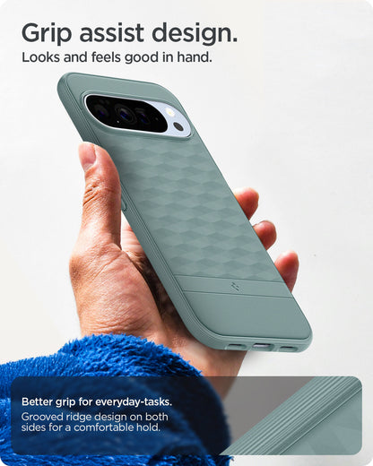 ACS09732 - Pixel 10 Pro XL Case Parallax (MagFit) in sage green showing the grip assist design. Looks and feels good in hand. Better grip for everyday-tasks. Grooved ridge design on both sides for a comfortable hold