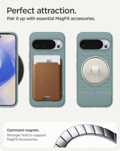ACS09732 - Pixel 10 Pro XL Case Parallax (MagFit) in sage green showing the perfect attraction. Pair it up with essential MagFit accessories. Optimized magnets. Stronger hold to support MagFit accessories.
