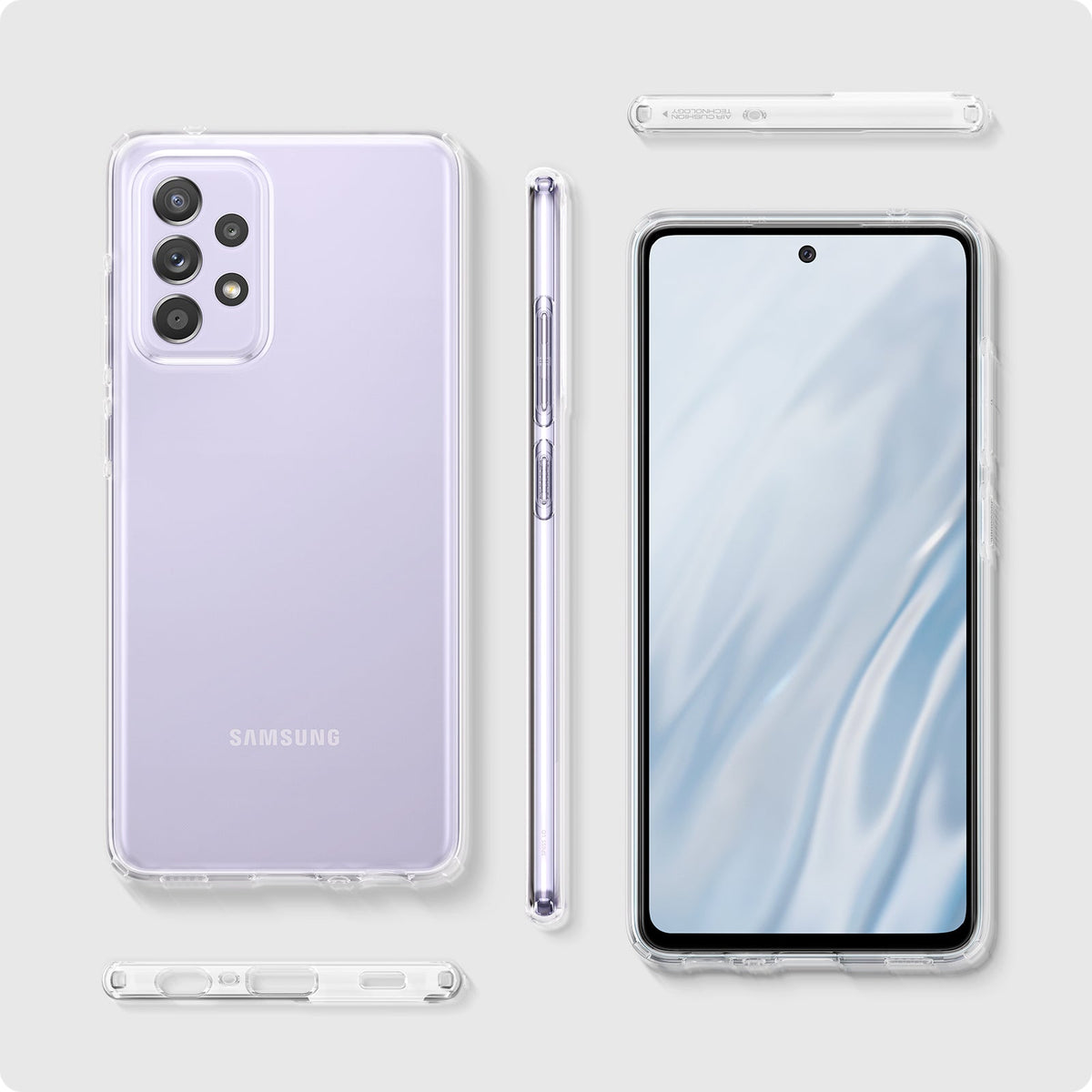 ACS02316 - Galaxy A52 Case Liquid Crystal in Crystal Clear showing side, front and back with case open.