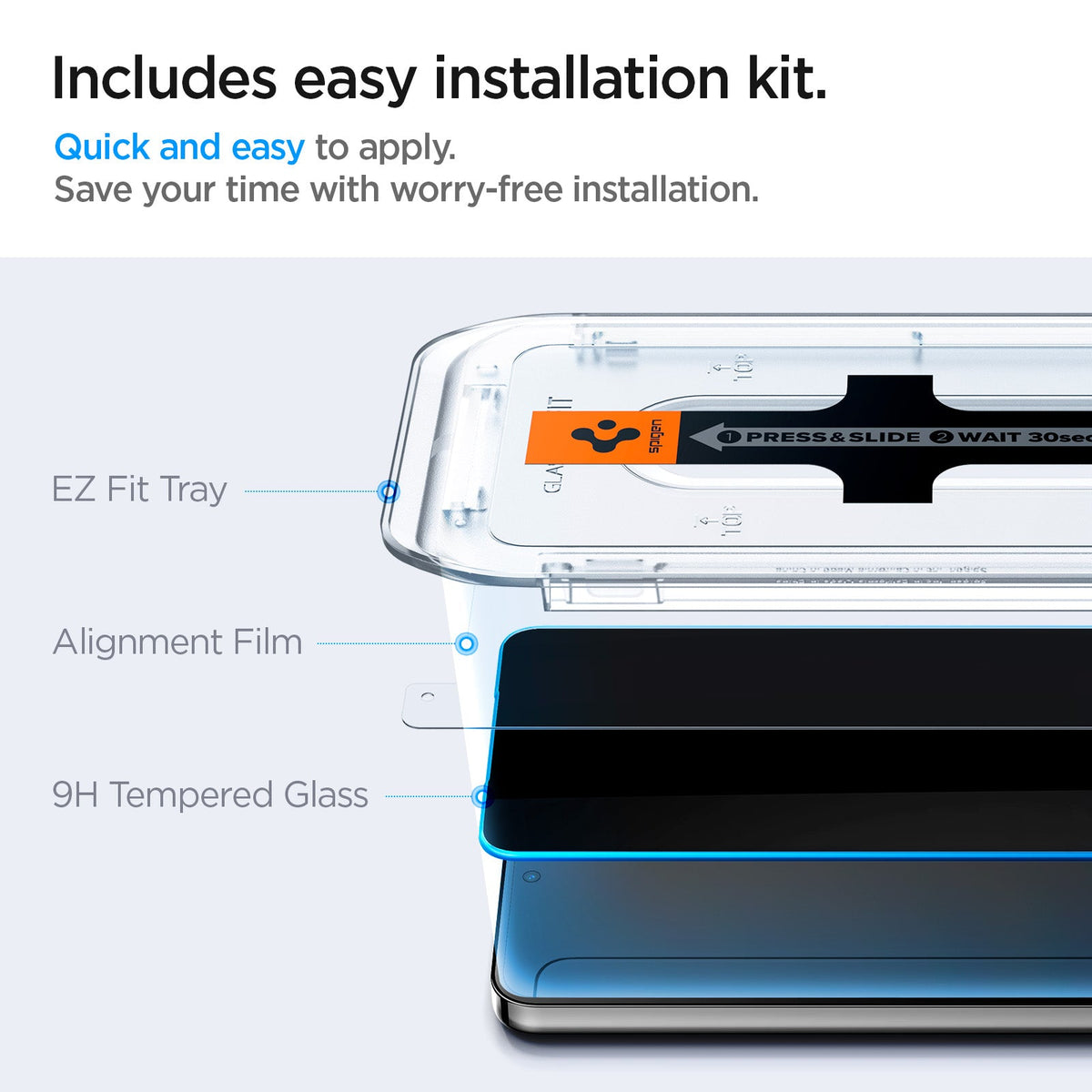 AGL07627 - Galaxy S24 GLAS.tR EZ Fit in Privacy showing includes easy installation kit. Quick and easy to apply. Save your time with the worry-free installation. EZ Fit Tray, Alignment Film and 9H Tempered Glass