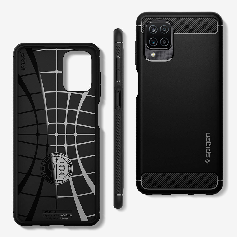 ACS02786 - Galaxy A12 Case Rugged Armor in Matte Black showing the back, inner, side, top and bottom