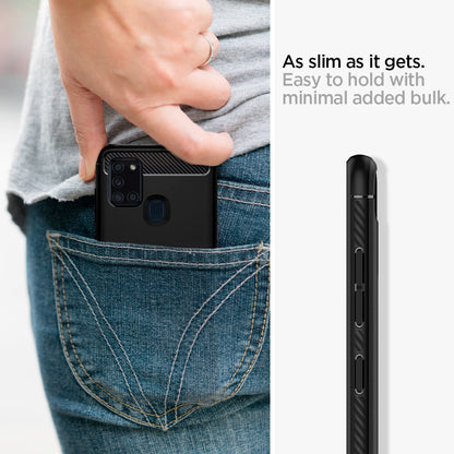ACS00974 - Galaxy A21s Case Rugged Armor in Matte Black showing how slimmer as it gets. Easy to hold with minimal added bulk